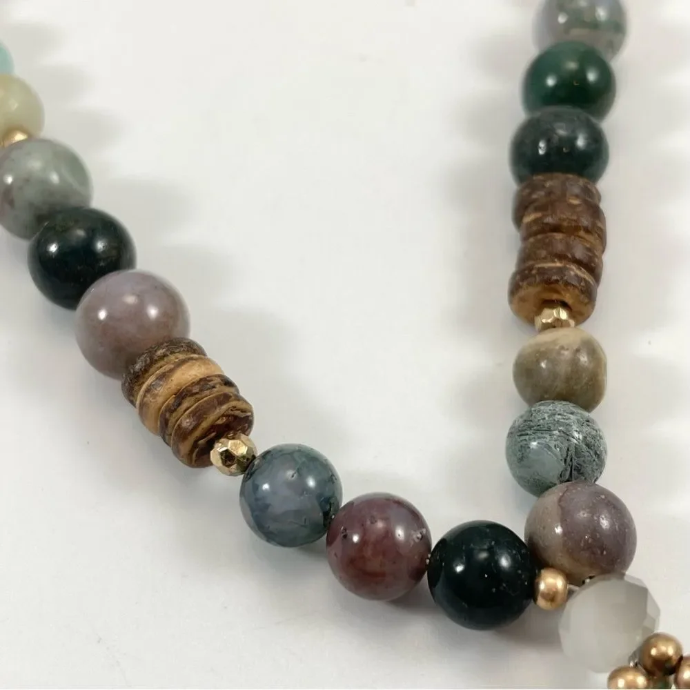 Worthington Wood Glass Stone Beaded Necklace Silk Tassel End Statement Boho